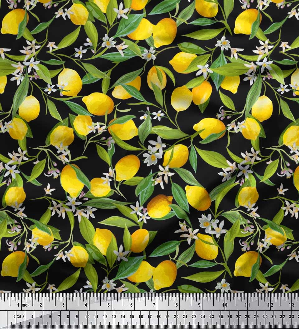 Soimoi Polyester Crepe Fabric Leaves,Floral & Lemon Vegetable Print Fabric by The Yard 42 Inch Wide