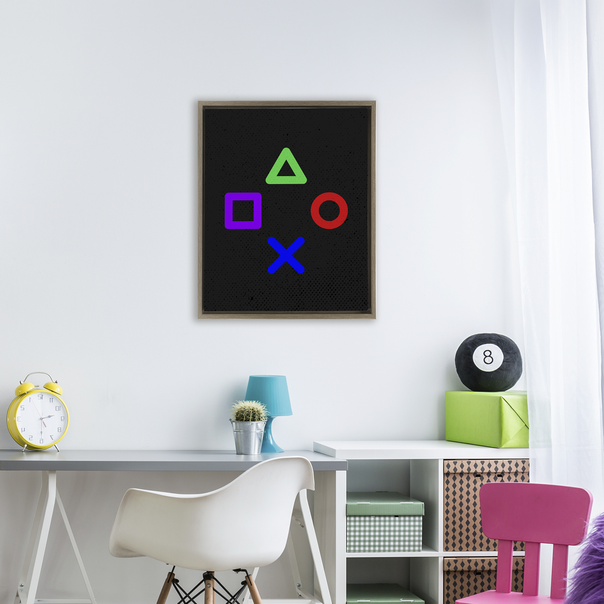 Game Button Shapes Brown Framed Floater Canvas Wall Art, design by Kim Allen