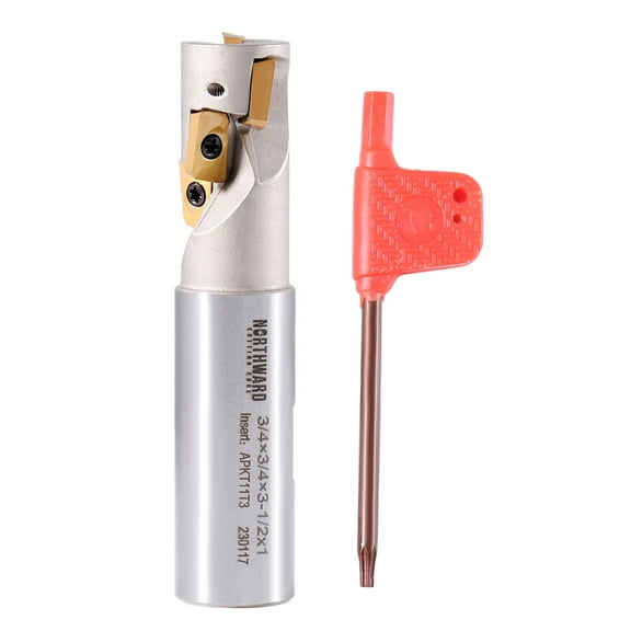 Accusize 3/4'' Indexable Weldon Shank End Mill, Heavy-duty cut, Shank Dia.: 3/4'', OAL: 3-1/2'', Flute Length: 1-3/32'' with APKT11T3 Inserts, 5508-0000