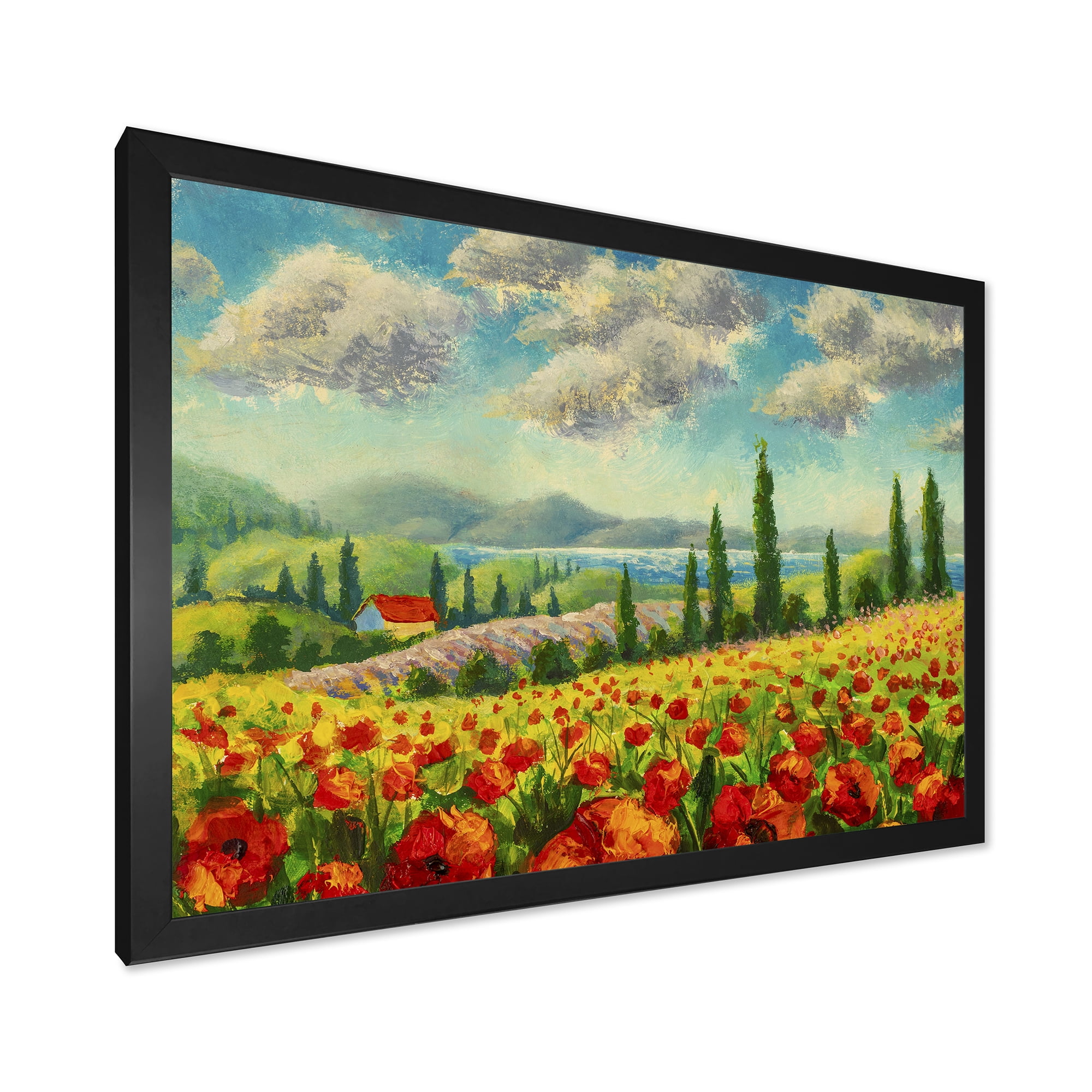 Designart 'Beautiful Landscape With Poppies Flowers By Riverside' Traditional Framed Art Print