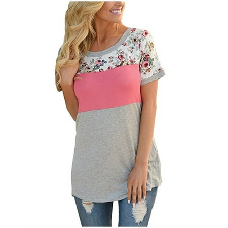 Stroker Short Block - Color Block Women Floral Short Sleeve Cotton T-shirts
