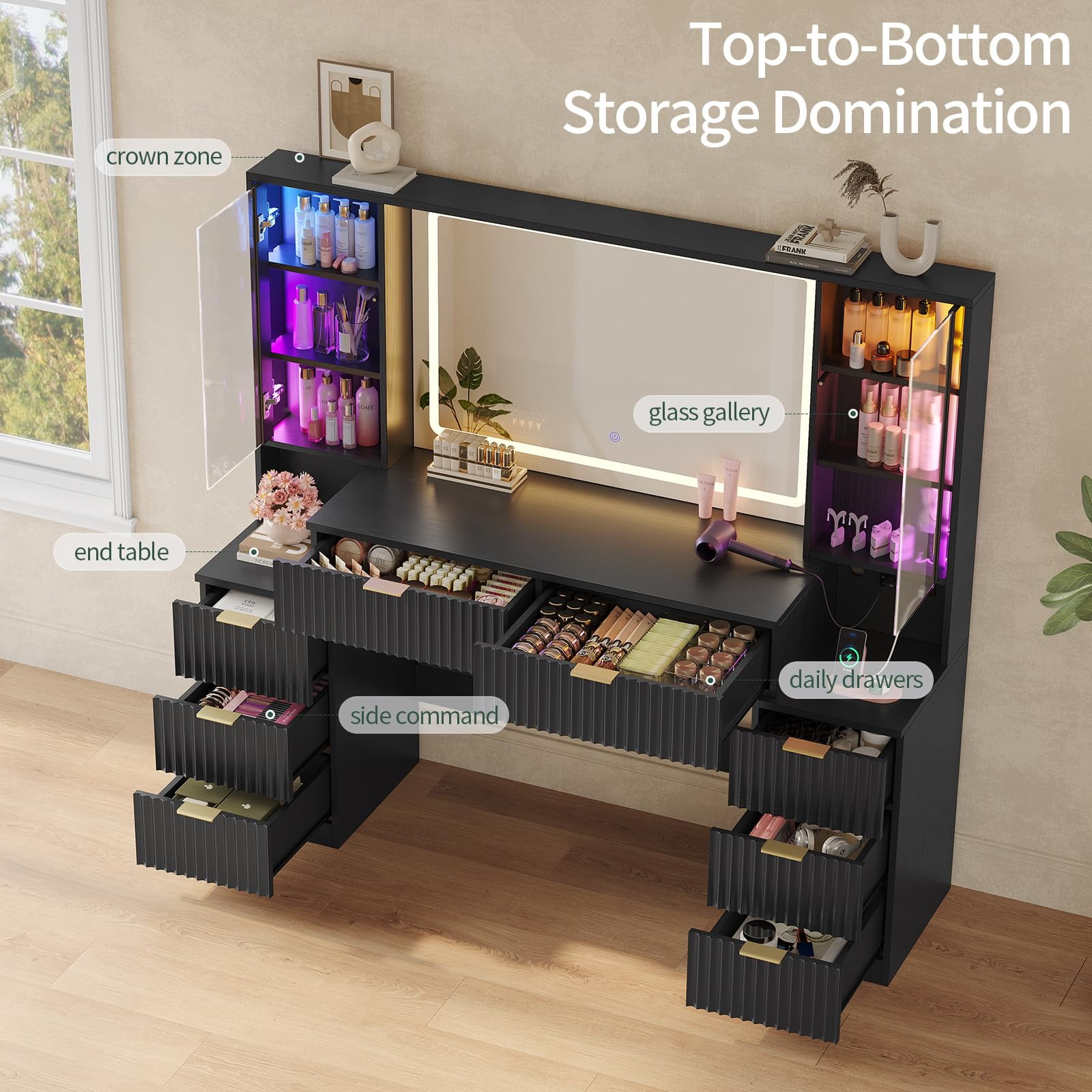 59.1" Fluted Makeup Vanity Desk with Large Mirror and Lights, 8 Drawer Vanity with Power Strip, Sound Sync LED Lights, Shelves, 2 Glass Cabinets，Modern Dressing Table for Bedroom,Black
