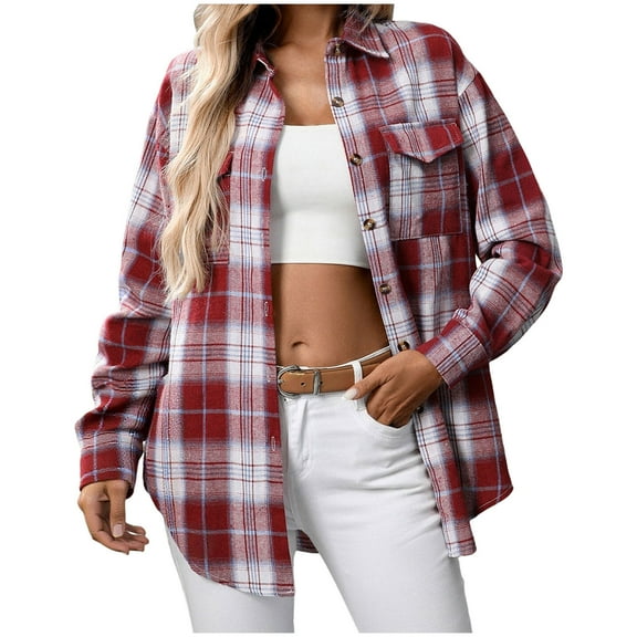 felwors Womens Button Down Flannel Shirts Long Sleeve Plaid Shackets Business Casual Blouse Fall Tops 2025 Red, L