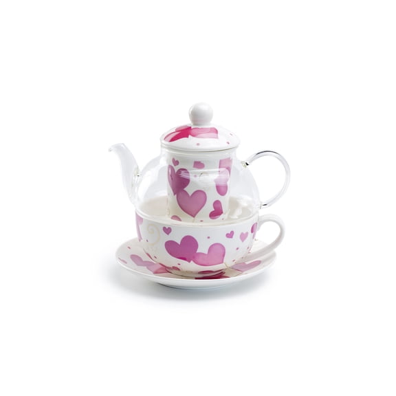 Grace Teaware Pink Hearts Glass and Fine Porcelain Tea For One Set