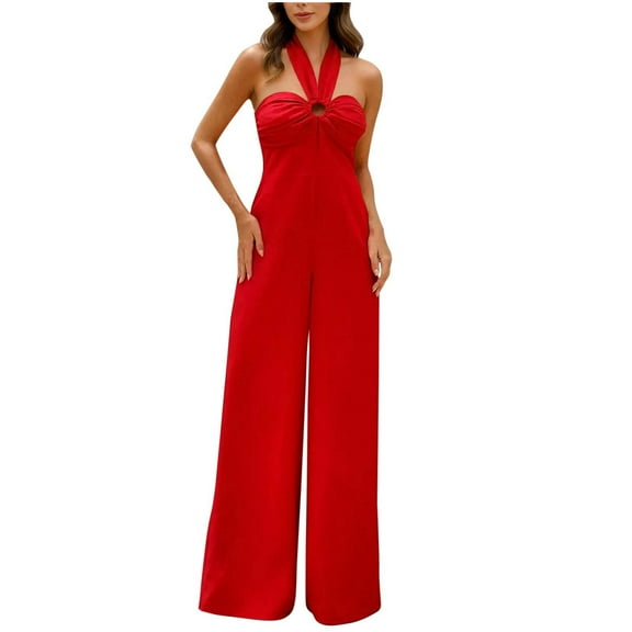 hotojiny Halter Jumpsuit for Women Elegant Sleeveless Backless Dressy Casual Wide Leg Rompers Vacation Summer One-Piece Outfits