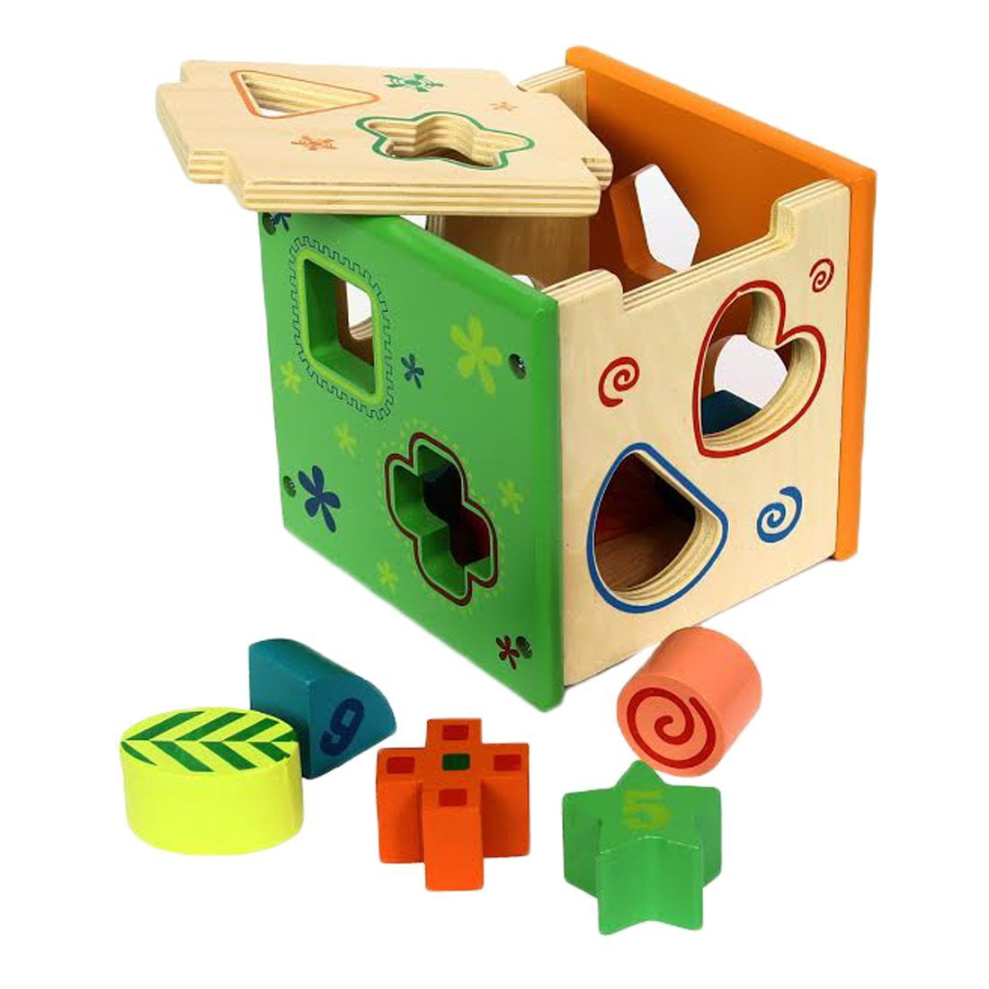 Dazzling Toys Wooden Shape Sorting Cube Educational Toy for Children 9 Geometric Shape Blocks Double-Sided Assorted Color Pieces with Number / Design