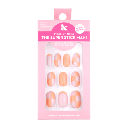 Olive & June Super Stick Mani Round Short Press-On Nail Tabs, Sherbet Checker Party, 32 Pieces