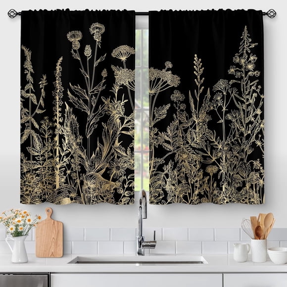 Flower Leaves Kitchen Curtains - Golden Floral Spring Rustic Plant Botanical Cafe Farmhouse Small Short Curtains for Bathroom RV Rod Pocket Window Drapes 36 Inch Length 2 Panels Set