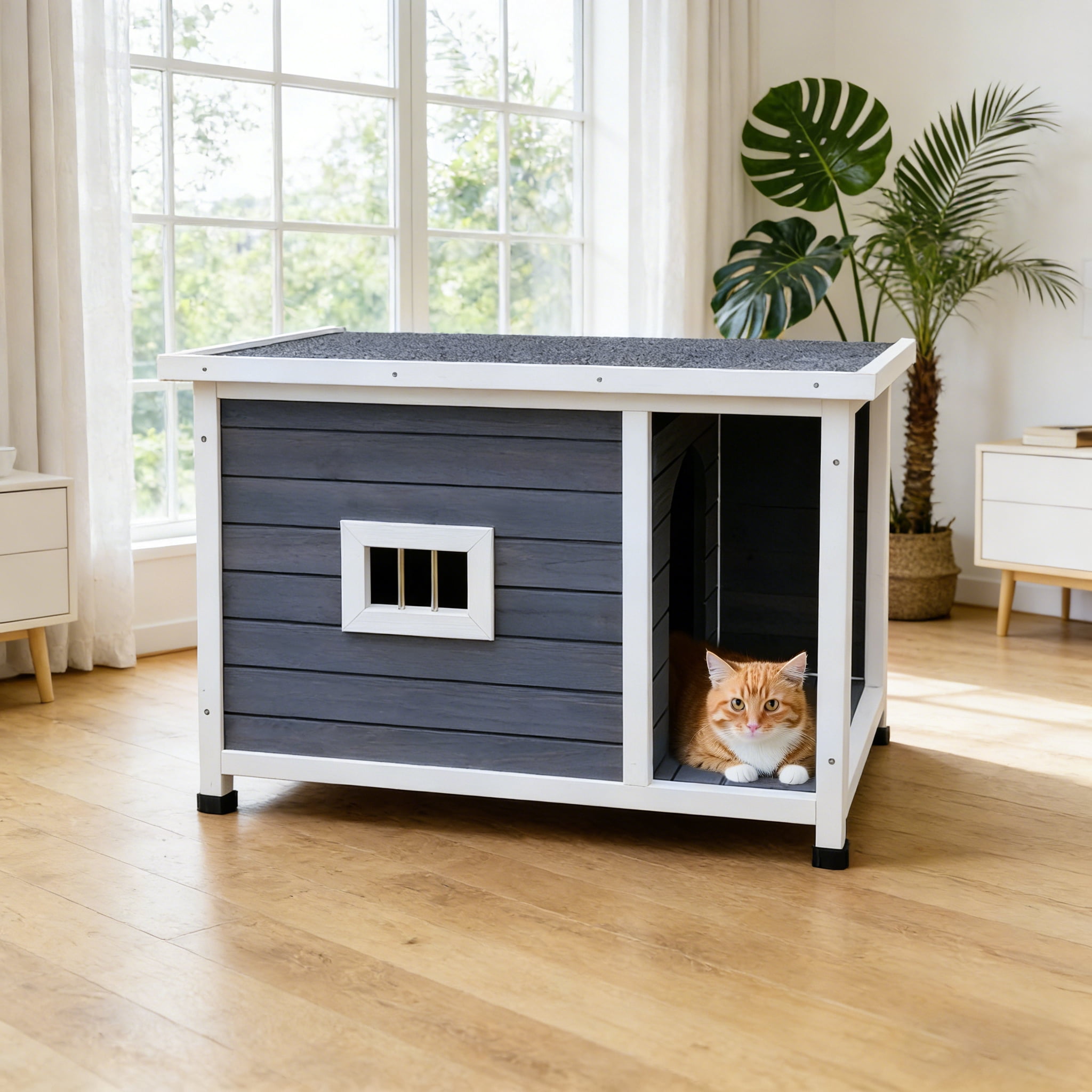 Outdoor Gray Cat House with Waterproof Roof, Ventilated Windows, and Sturdy Metal Support, Pet Shelter for Cats