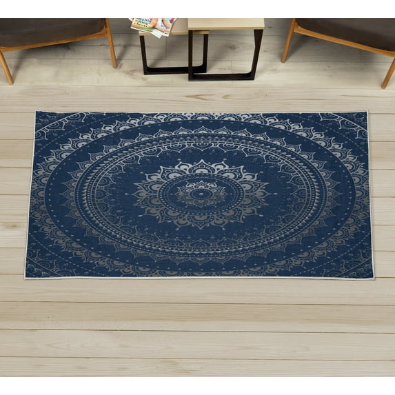 Mandala Decorative Rug, Circle Universe and Cosmos Esoteric Oriental Flower Pattern of Image Print, Quality Carpet for Bedroom Dorm and Living Room, 6 Sizes, Night Blue, by Ambesonne