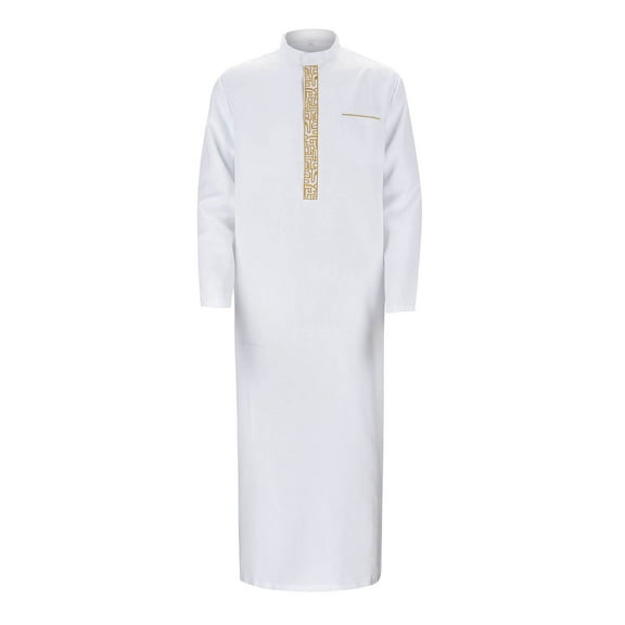 Mens Arabic Thobe Robe Long Sleeve Traditional Kaftan Prayer Dress Loose Fit Clothing Embroidery Ethnic Dubai Arab Robe,White,M