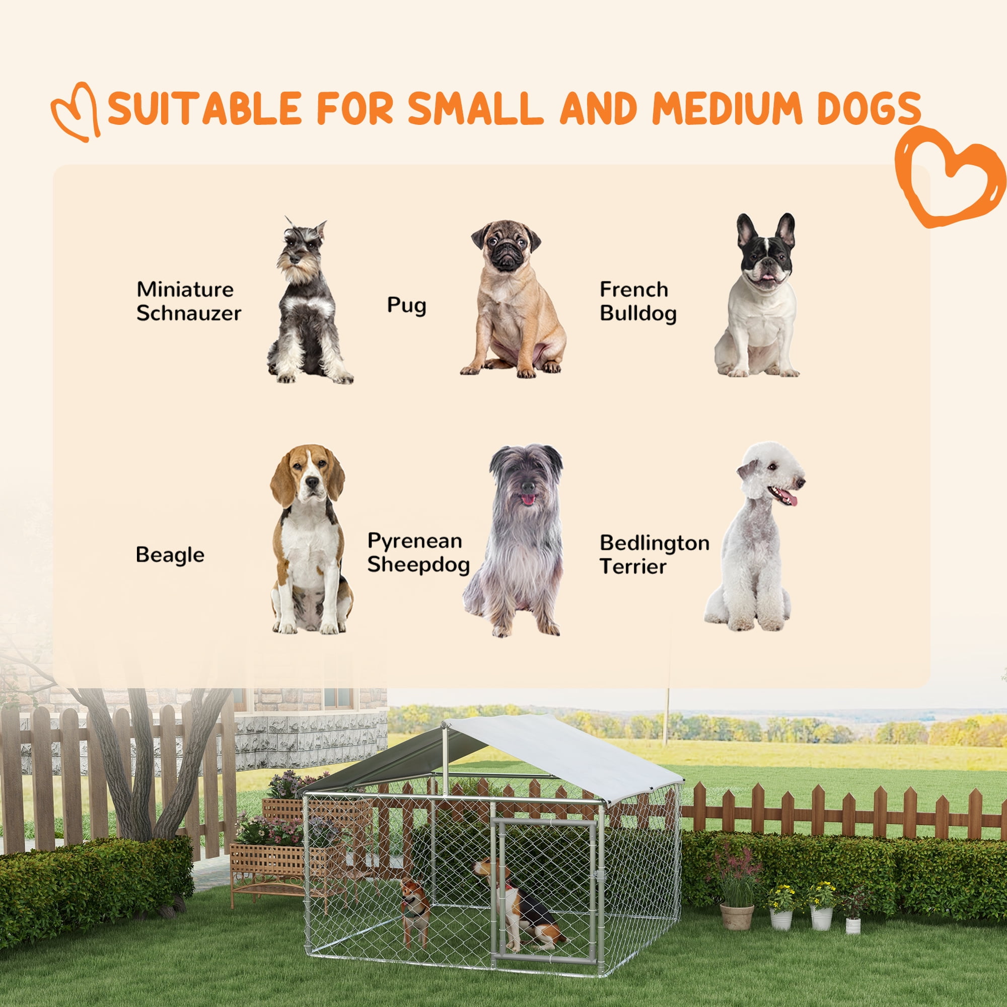 Large Outdoor Dog Kennel, Heavy Duty Galvanized Chain Link Dog Run with Waterproof Cover & Secure Lock
