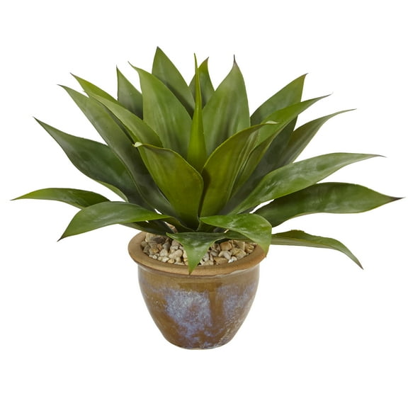 Nearly Natural Agave Artificial Plant in Glazed Clay Pot