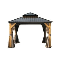 Mondawe 12'x12' Hardtop Gazebo, Outdoor Cedar Wood Frame Canopy with Galvanized Steel Double Roof, Outdoor Permanent Metal Pavilion with Curtains and Netting for Patio, Backyard and Lawn(Brown)