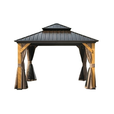 Mondawe 12'x12' Hardtop Gazebo, Outdoor Cedar Wood Frame Canopy with Galvanized Steel Double Roof, Outdoor Permanent Metal Pavilion with Curtains and Netting for Patio, Backyard and Lawn(Brown)