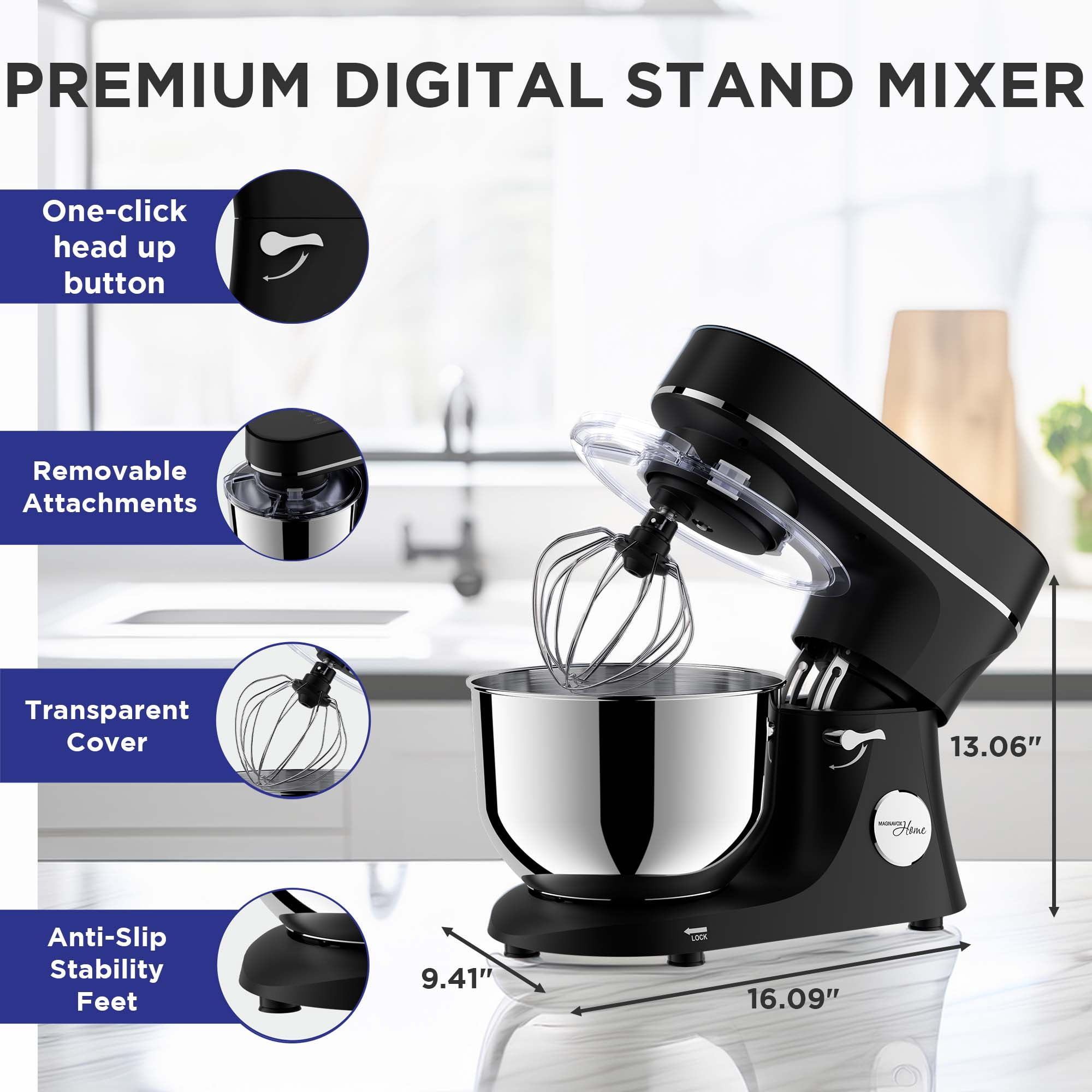 Magnavox 6.0L Digital Touch Screen Stand Mixer with Stainless Steel Bowl, 11-Speed, Tilt-Head, Planetary Mixing, 660W Motor, Dough Hook, Beater, Whisk, Bowl Cover, Black