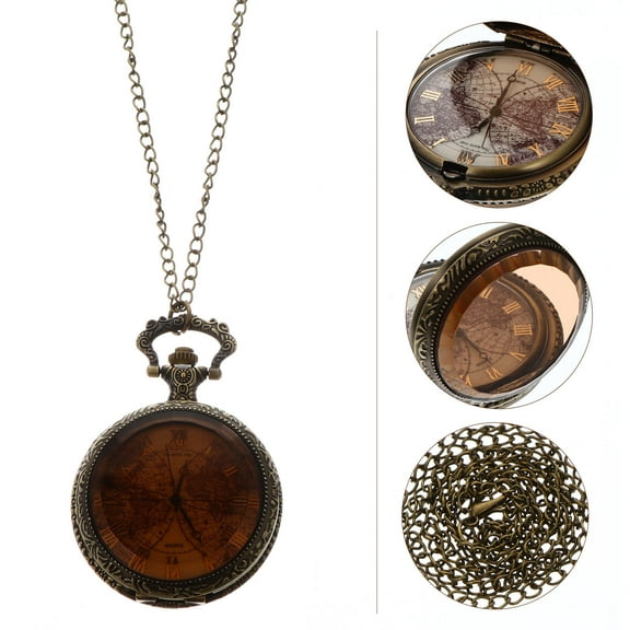PTOOTP Retro Dark Brown Pocket Watch with Quartz Movement World Map Design Decorative Collectible