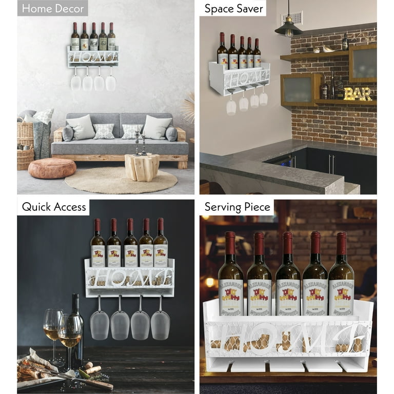 Modern Wall Mounted Wood Wine Rack 4-Bottle & 4 Wine Glass Rack