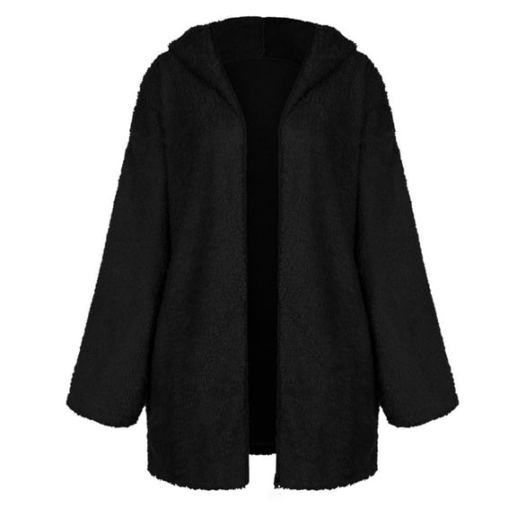 jsaierl Women‘s Autumn And Winter Casual Temperament Hooded Solid Color Lapel Plush Coat Tops