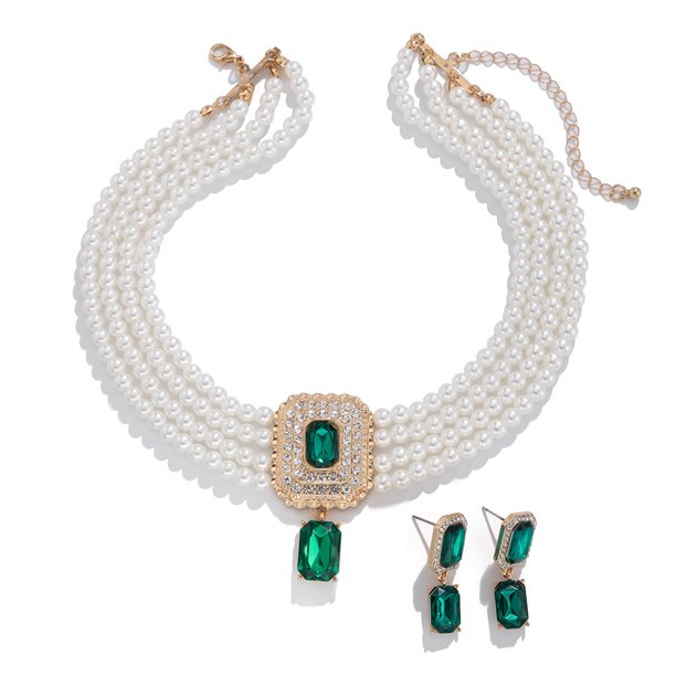 Ingemark Luxury Multilayer Imitation Pearl Chain Necklace Rhinestone Pendant Stud Earrings for Women Elegant Wed Jewelry Set New