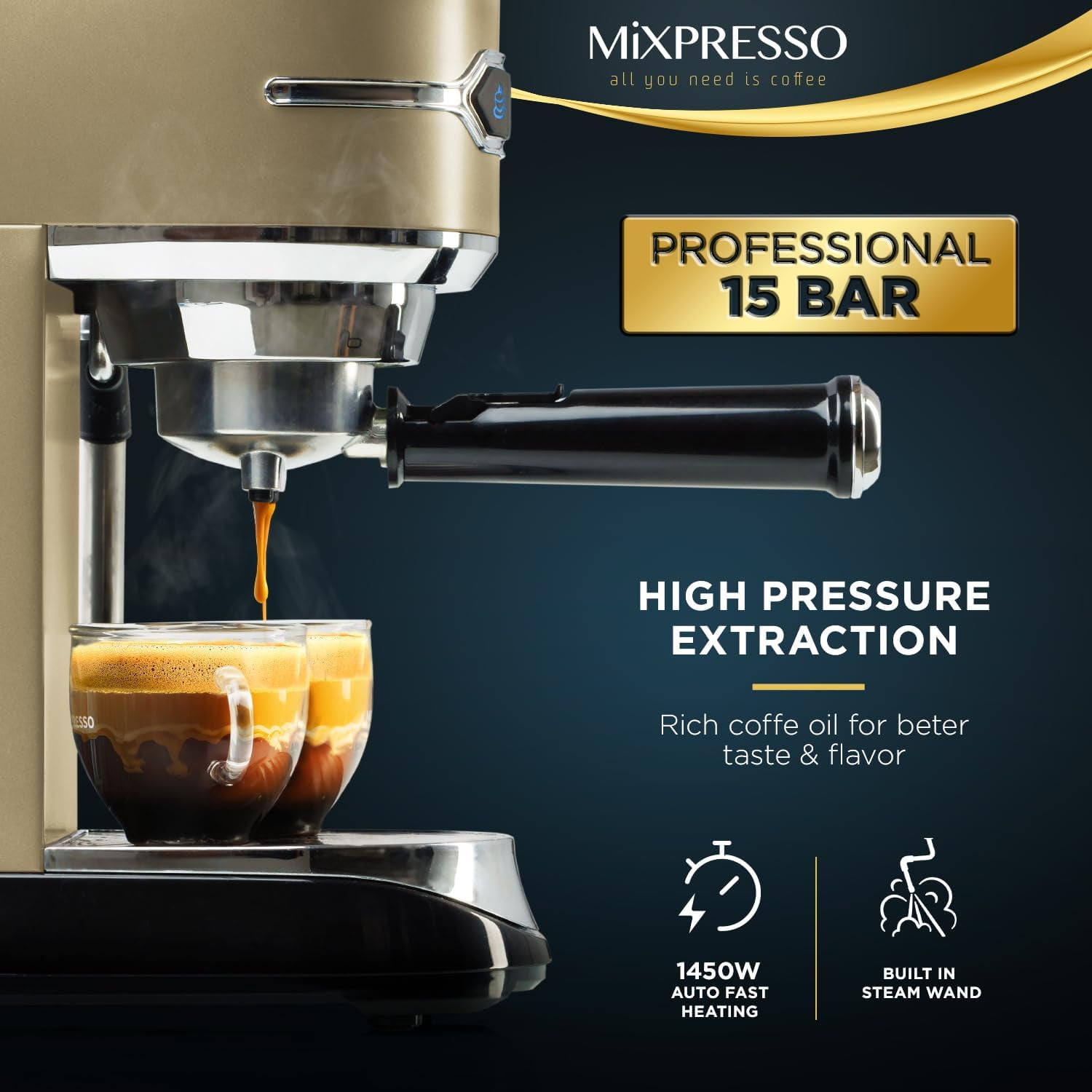 Espresso Coffee Machine Milk Frother Wand 15 Bar, High Performance 1300W  For Esp
