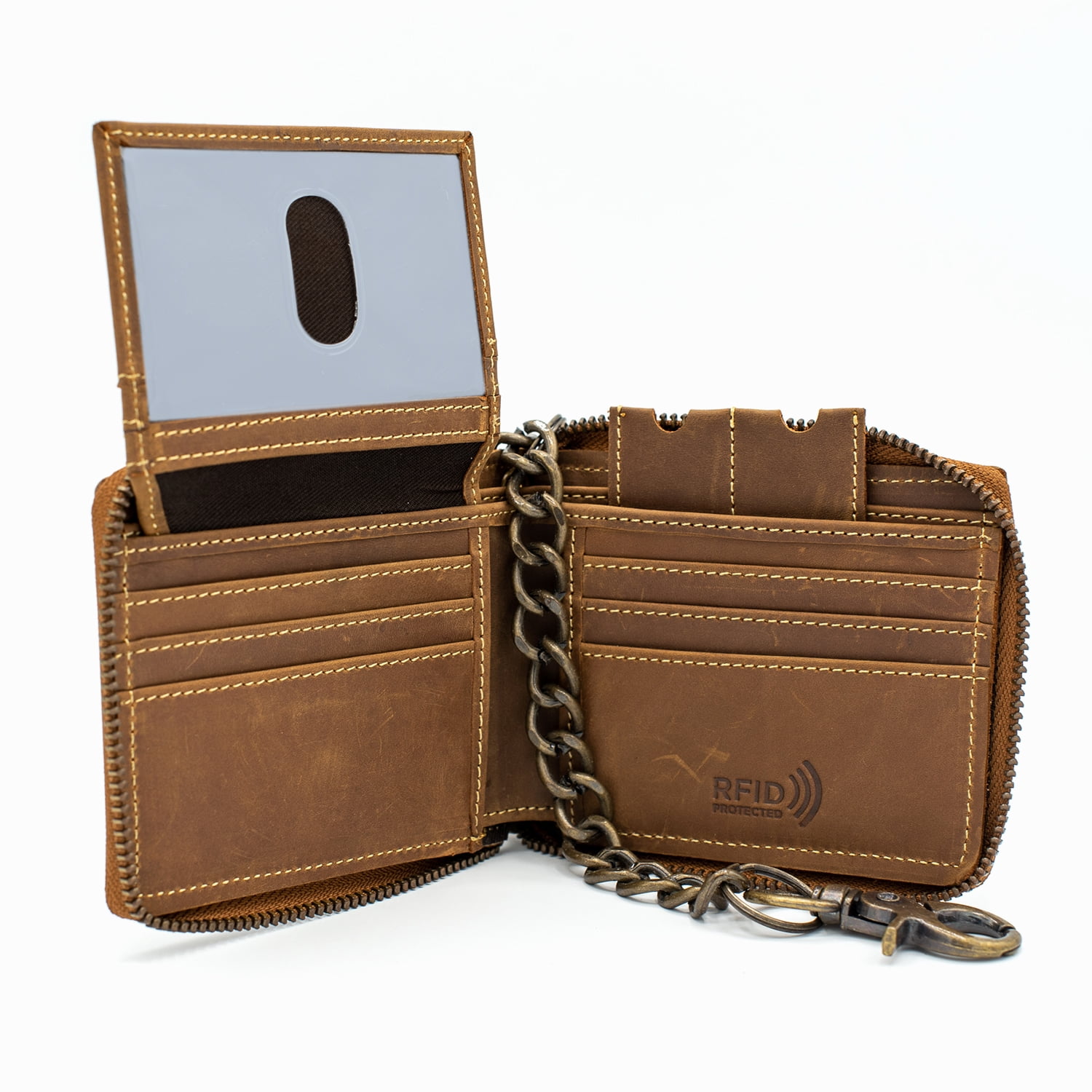 Men Biker Trucker Cow Leather Zip around Bi-fold Chain Wallet Western Style Chain Wallet