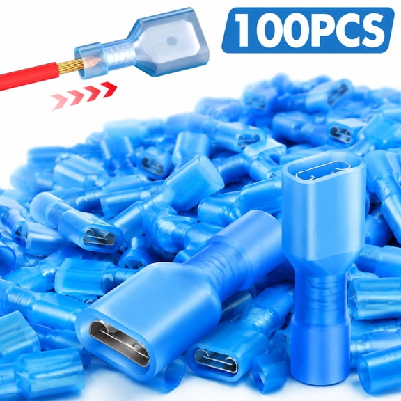 Genreen 100 Pcs UL Listed Blue Female Spade Connector 16-14 AWG, Nylon Electrical Crimps Terminal Connectors for Speaker Auto Stereo Wiring Connect Quick Disconnect Crimp Terminals