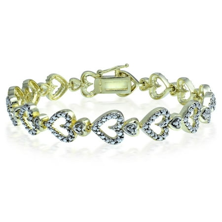 - Genuine Diamond Accented Heart Tennis Bracelet in Gold Tone