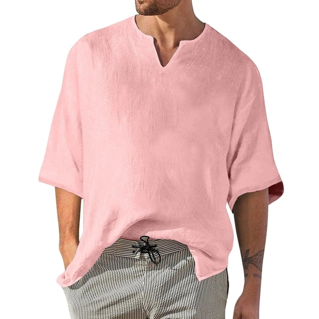 Men's Solid Color Pleated Quarter Sleeve Top Men's Retro V-Neck Top3XL