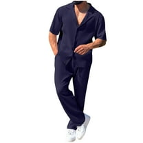 Stamzod Men Summer Outfits 2 Piece Fashion Solid Color Button Down Shirts and Long Pants Daily Casual Loose Plus Size Beach Vacation Clothes for Men with Pocket Navy C M