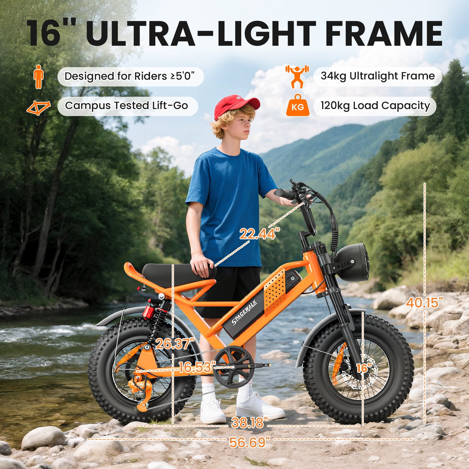 Spacewalk 16" Fat Tire Ebike, 750W, 21.7MPH, 48V/15AH Battery, 4 Shock Absorbers, Compact for Riders Under 5'2" & Teens.