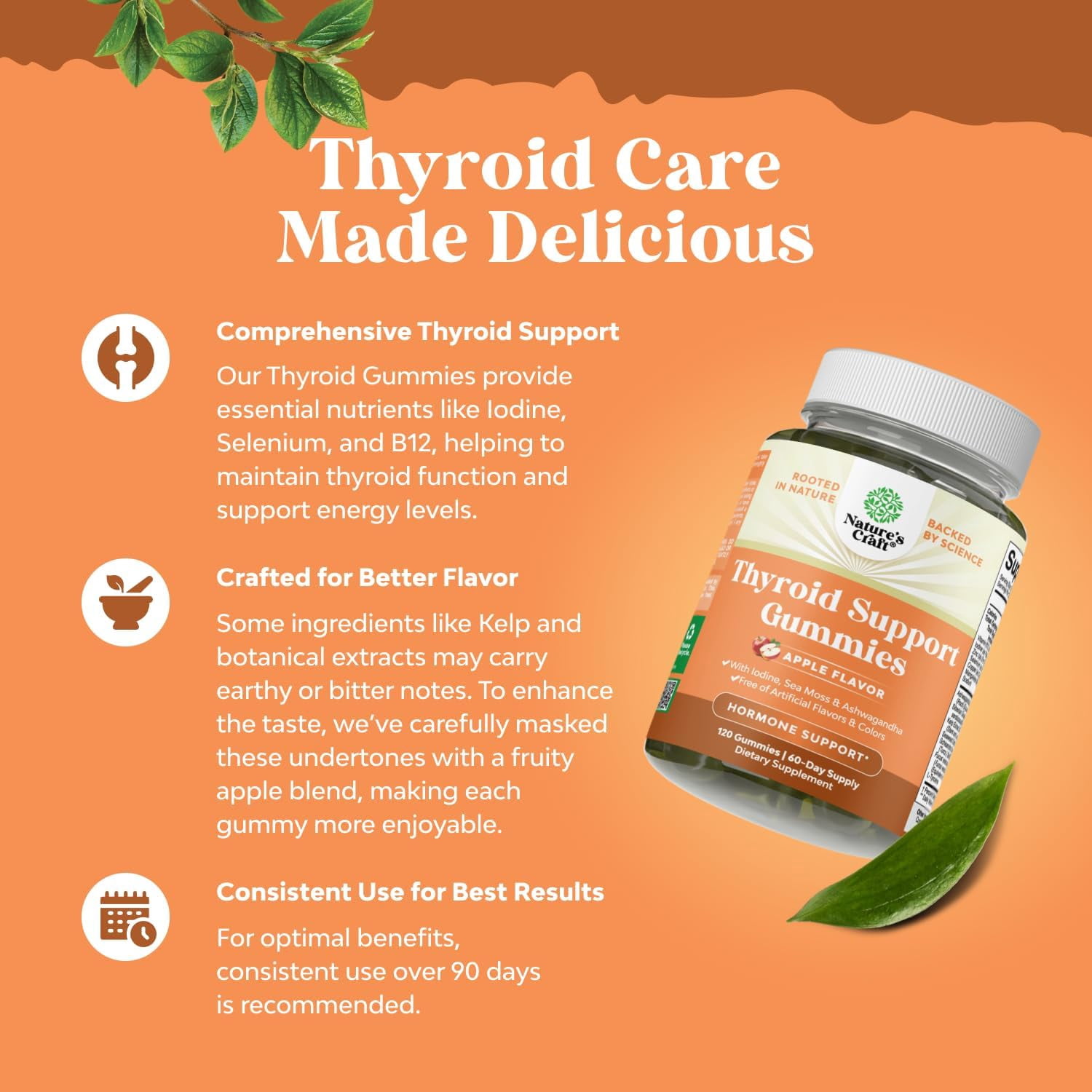 Natures Craft Vegan Thyroid Support Gummies w/ Zinc & Selenium for Healthy Thyroid Function, 120 Ct