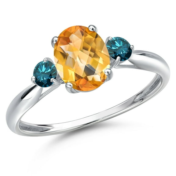 Gem Stone King 10K White Gold Yellow Citrine and Blue Diamond 3-Stone Ring for Women | 1.45 Cttw | Oval Checkerboard 8X6MM | Gemstone November Birthstone | Size 8