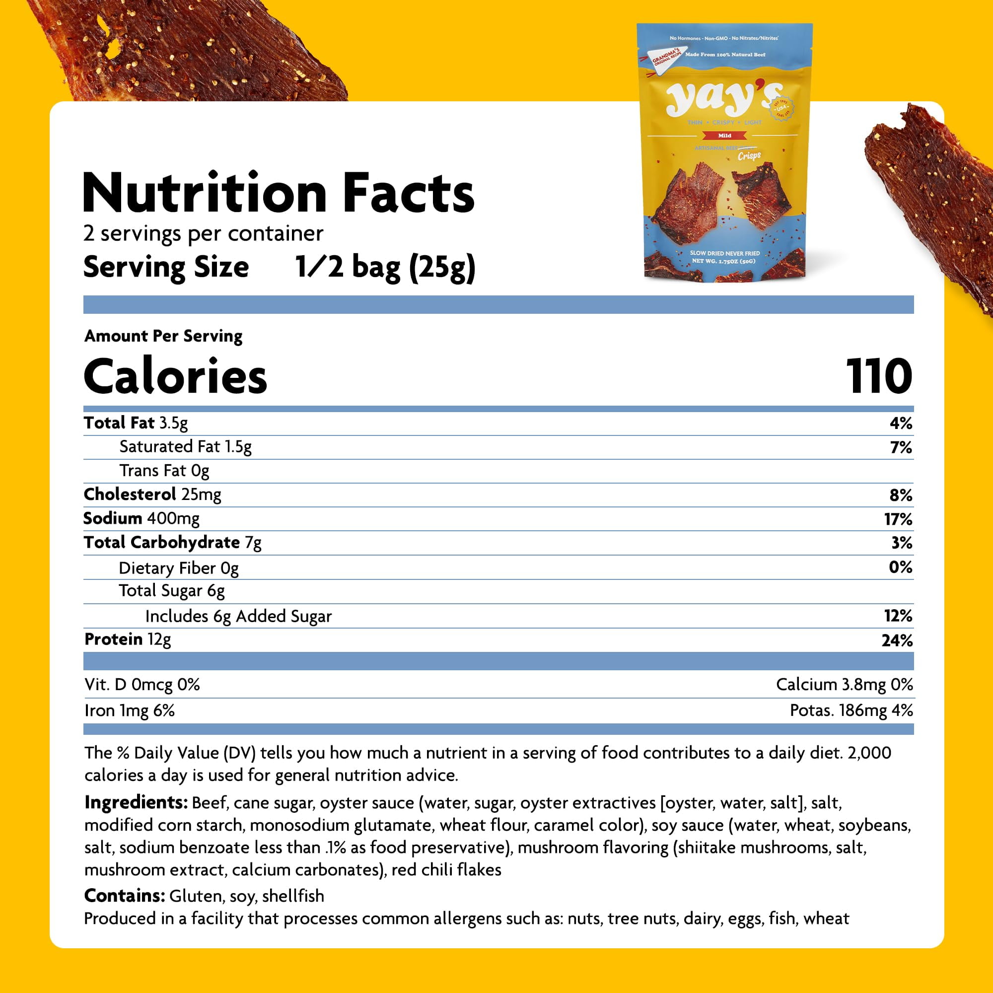 Yay's Snacks Sweet and Spicy Beef Crisps | High-Protein Ready-to-Eat Crispy Crunchy Chipped beef | Mild Beef Jerky with 24g Protein per Bag, Non-GMO Healthy Meat Snack, Made in USA pack of 1(1.75 oz)