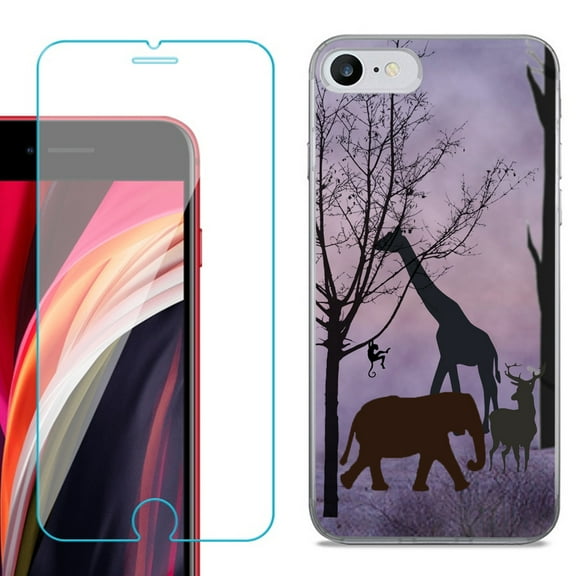 Slim-Fit Fashion Gel Phone Case for iPhone SE 2022, with Tempered Glass Screen Protector, by OneToughShield ® - Twilight Safari