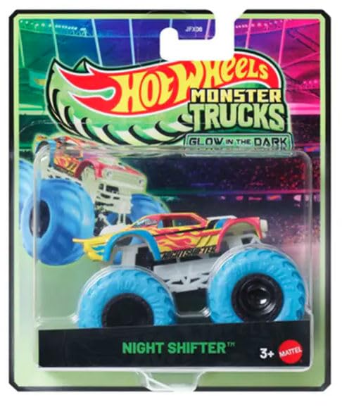 Hot Wheels Monster Trucks Glow in The Dark Collection, Skelesaurus Night Shifter Gotta Go, Die-Cast Vehicle Set, Ages 3+ JFX08