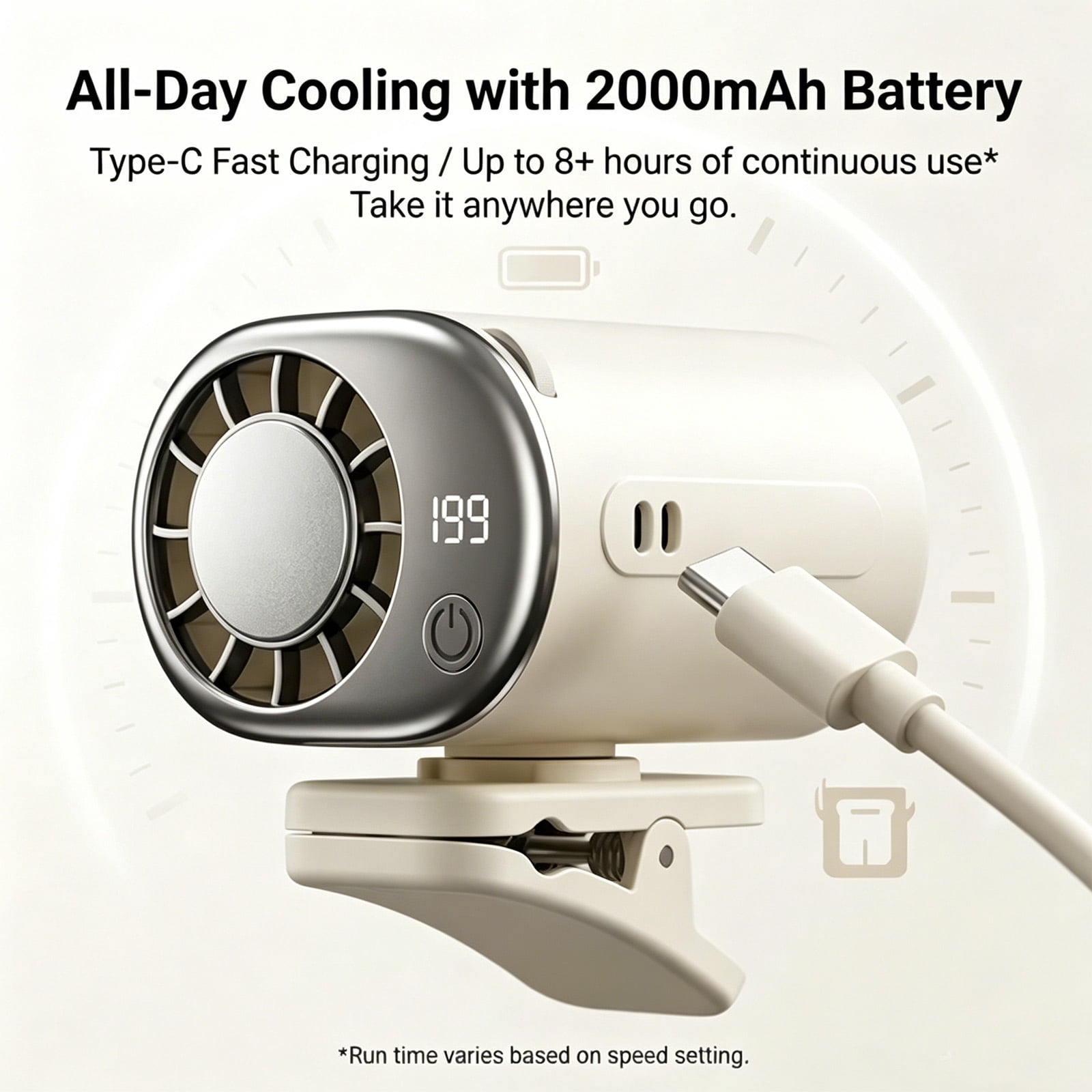 LC-dolida Silent Clip on Fan, Car Fan with Semi-refrigerated & LED Display, 2000mAh Long Battery 199 Speeds Adjustable, 360° Rotation for Car Desk Backseat Travel Camping Stroller Use (White)