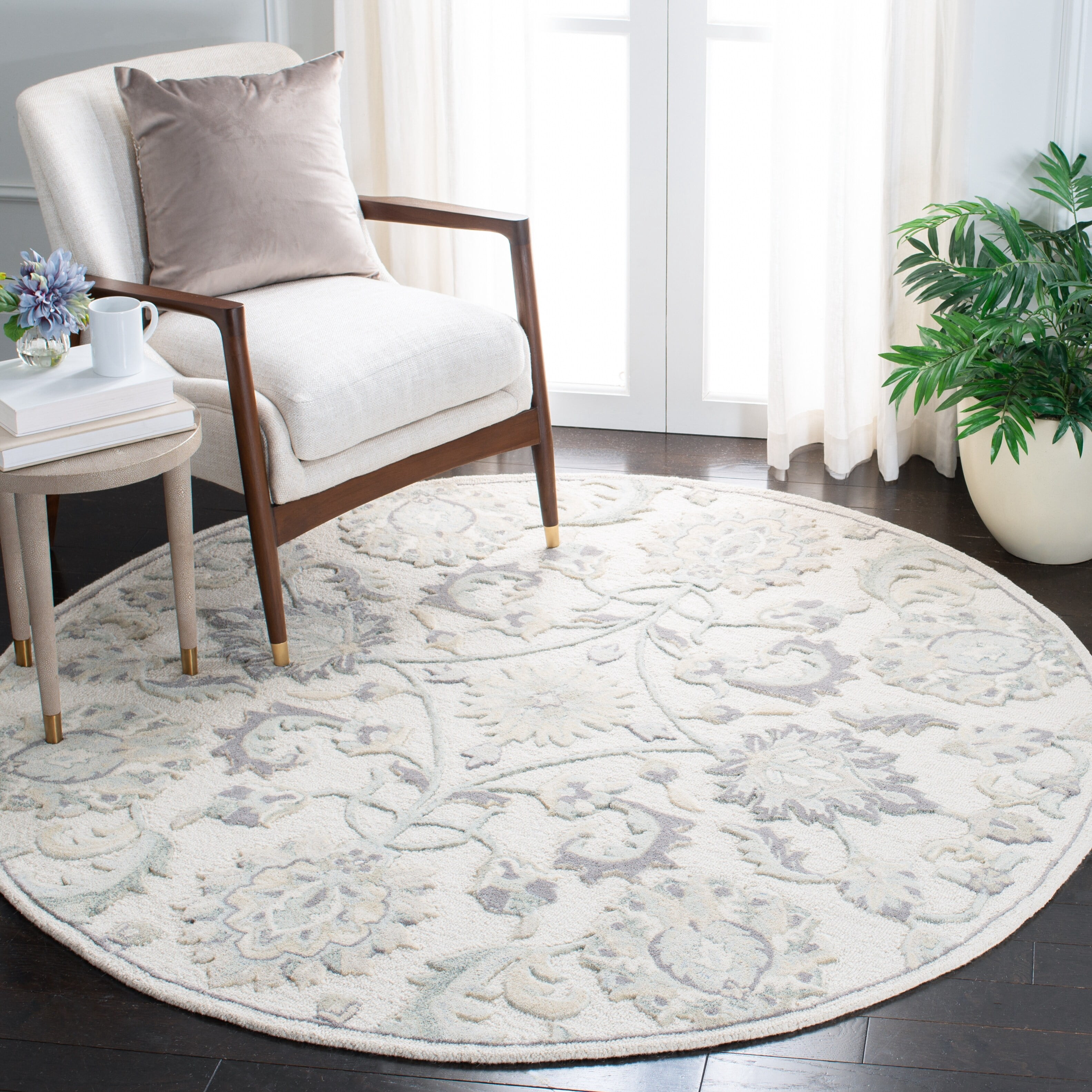 SAFAVIEH Glamour Catrine Bordered Wool Area Rug, Ivory/Grey, 6' x 6' Round