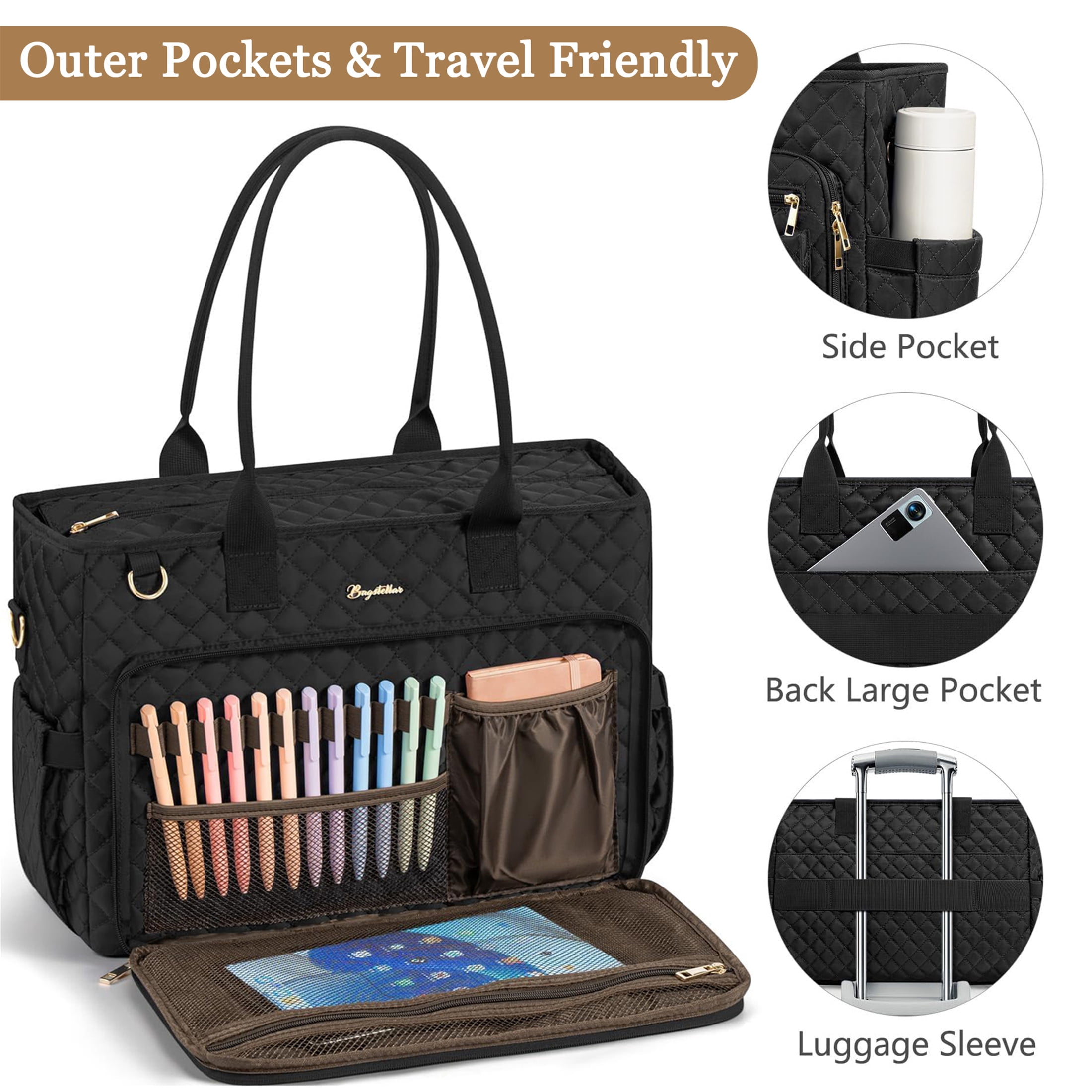 Teacher Tote Bag 15.6 inch Laptop Bag for Women, Work Bags Nurse Bible Bag Quilted Lightweight Laptop Tote Computer Briefcase for School Travel Office College, Black