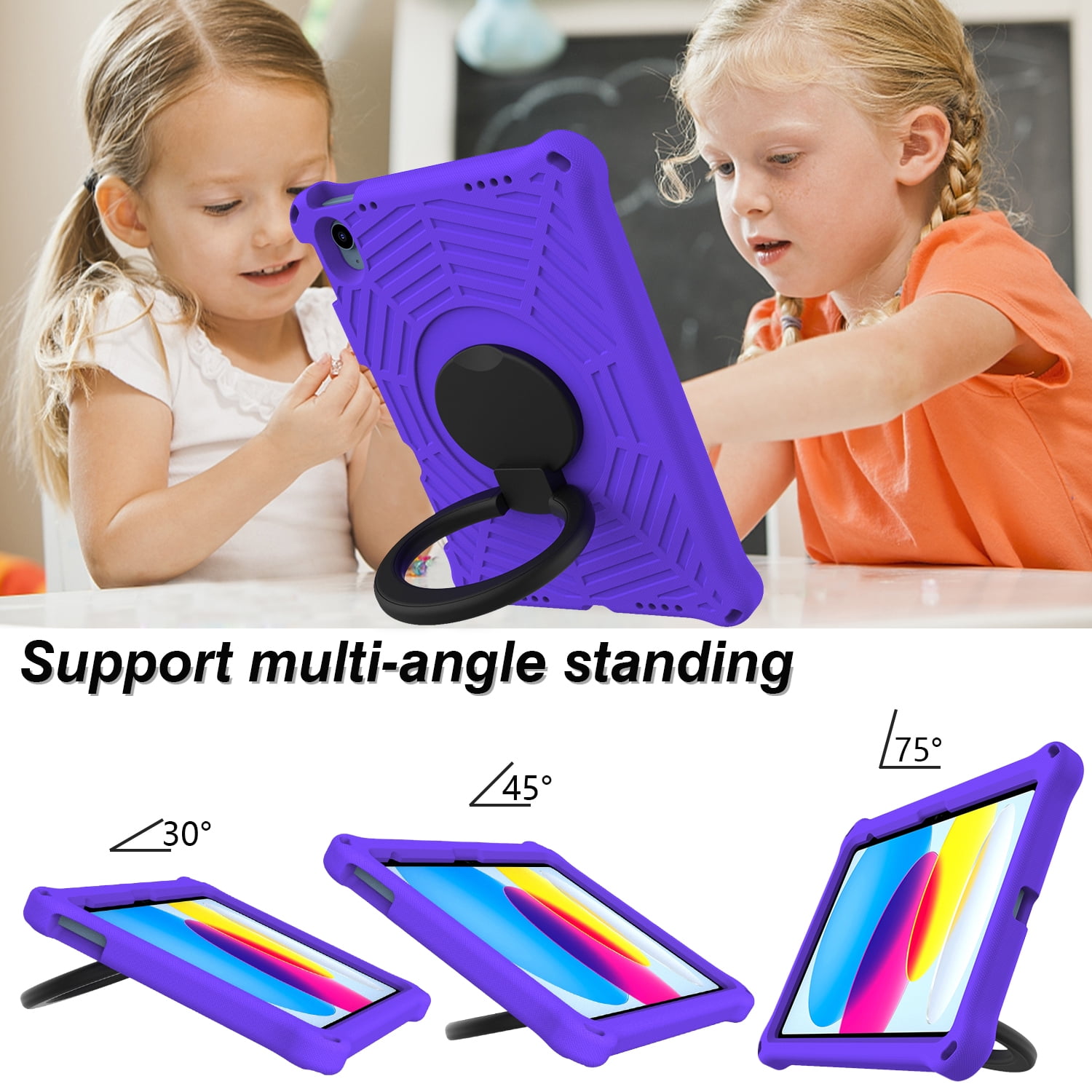 TECH CIRCLE iPad 10th Generation Case 2022 10.9 inch A2696 A2757 A2777, Heavy Duty Rugged Silicone Case with Swivel Ring Stand/Stable Kickstand/Shoulder Strap/Pencil Holder,Purple