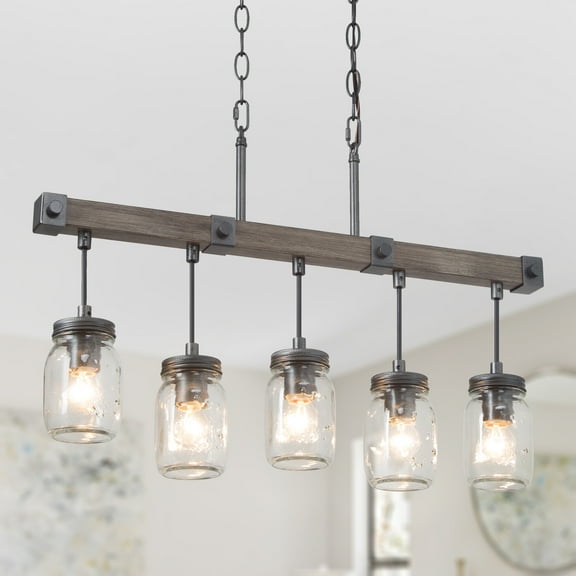 LNC 5-Light Farmhouse Distressed Balck and Brown Wood Linear Maison Jar Glass Shape Chandelier