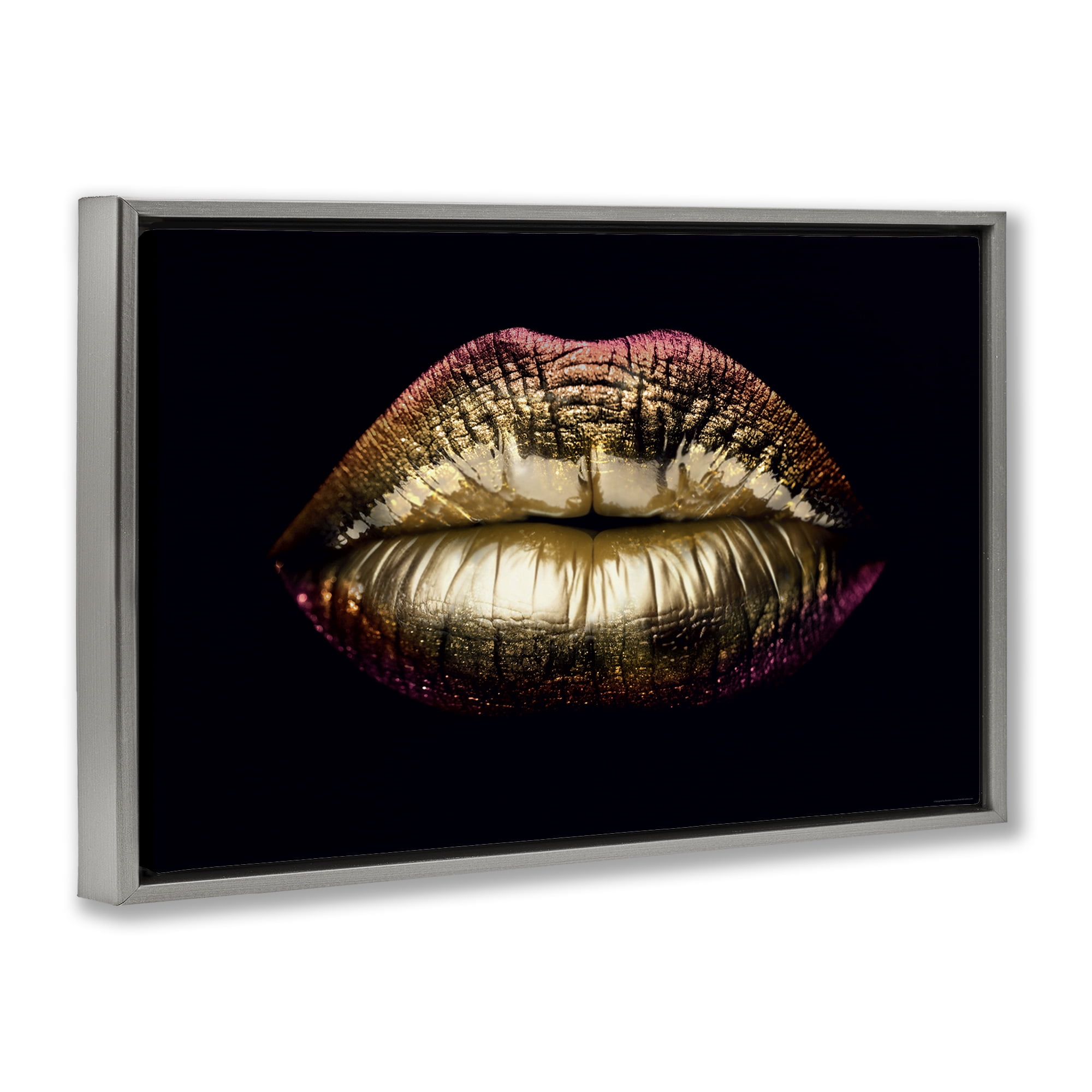 Stupell Industries Pink & Gold Lipstick Fashion Painting Gray Floater Framed Canvas Art Print Wall Art, 31 x 21