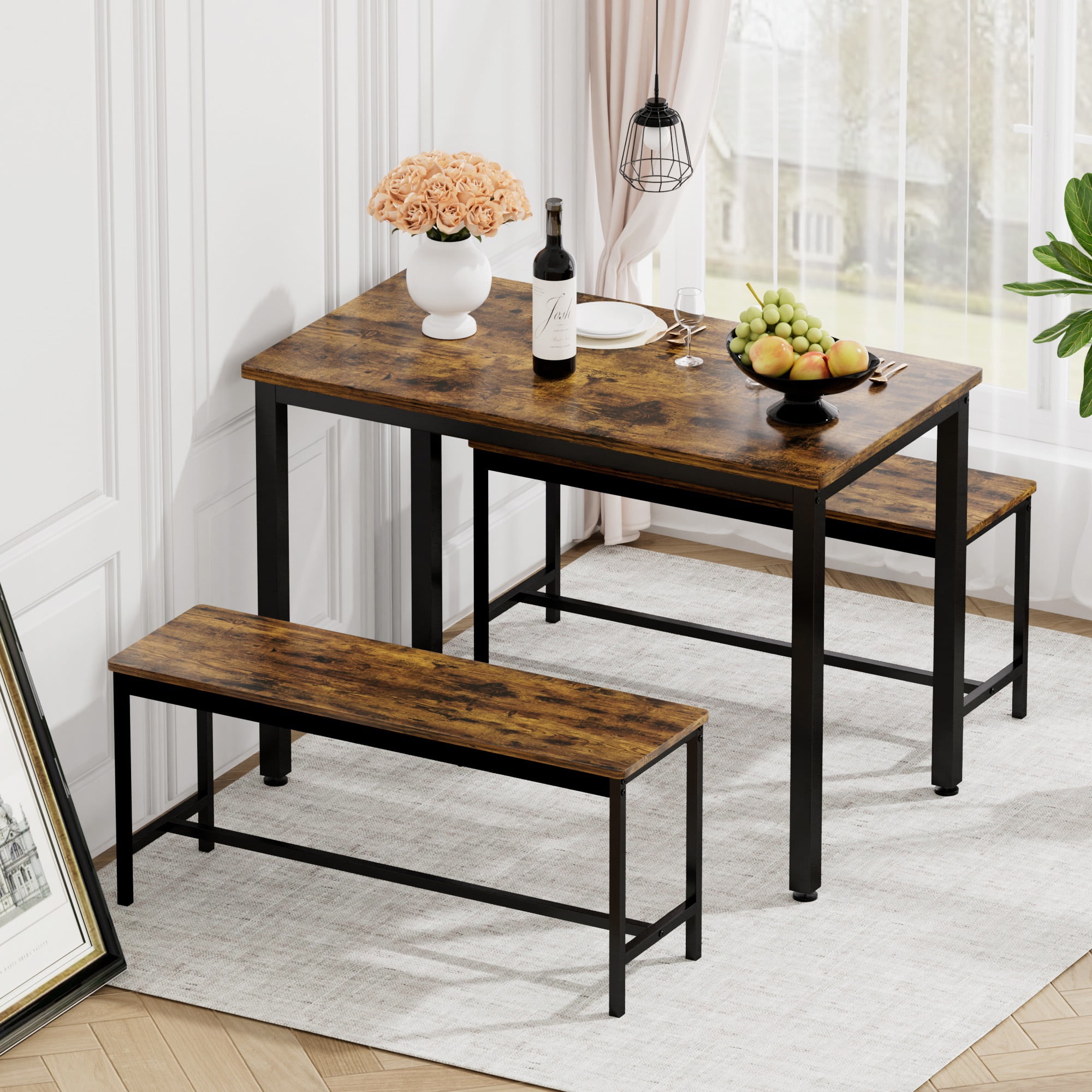 Aukfa 43.3" Dining Table Set for 4, Small Kitchen Table Set with 2 Benches for Living Room Dining Room,Brown