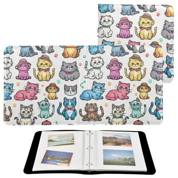 Leather Cover Photo Album 80 Pockets 4x6 Photos Bookshelf Picture Album Cartoon Cats with Hat