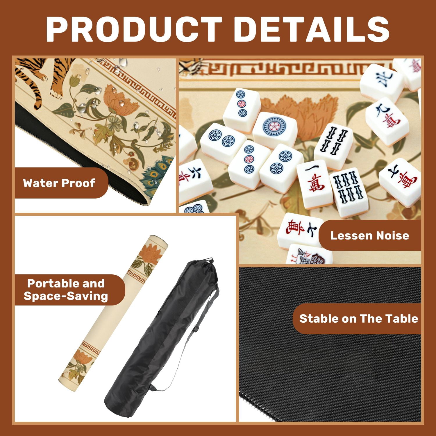 Mahjong Mat 31.5" x 31.5" Tigers Peacock Floral Frame Bold Autumn Colors Non-Slip Noise Reduction American Mahjong Tiles Table Cover for Dominoes Poker Card Board Games Gift