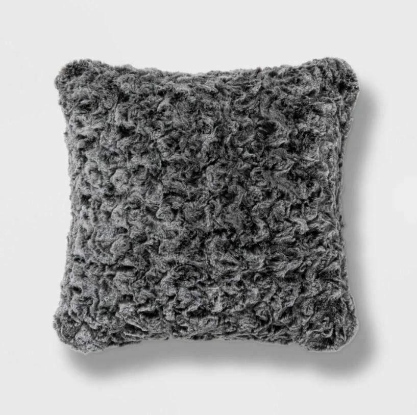 Threshold Square Textured Faux Fur Decorative Throw Pillow Gray