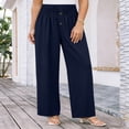 thumbnail image 5 of Hurxie Plus Size Pants for Women Drawstring Waist Wide Leg Palazzo Beach Pants with Pockets Navy,2XL, 5 of 6