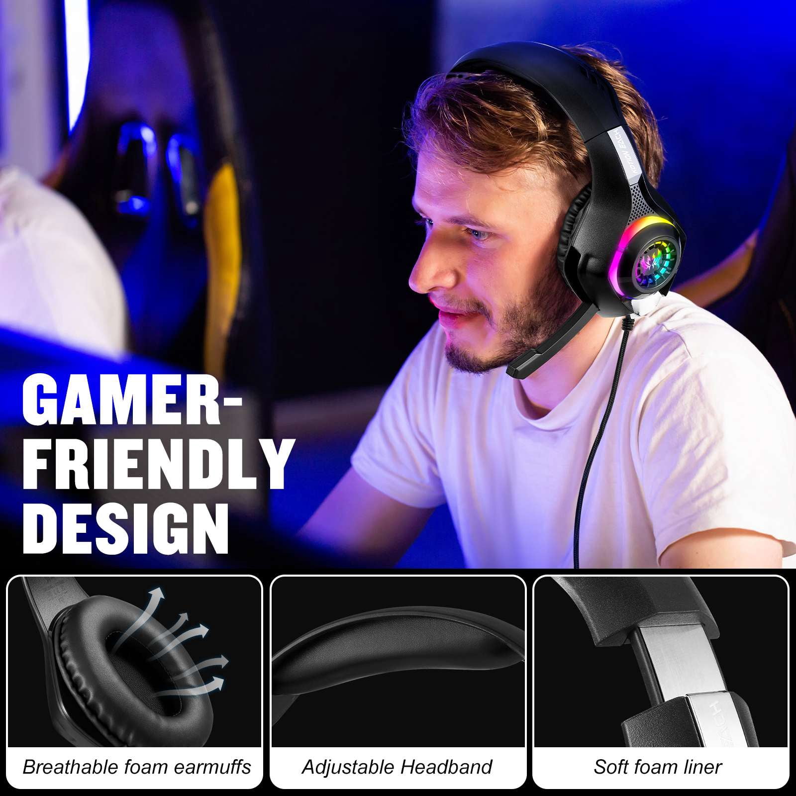 Gaming Headsets Wired for PS4 PS5 Switch Xbox One PC with RGB Light, Noise Canceling Mic,Surround Sound,Over Ear Muffs Gaming Headphones,Black