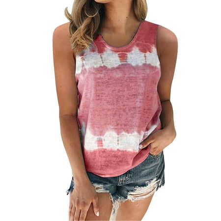 DondPO Tank Tops for Women Going Out Tops Womens Plus Size Summer Spring Summer Sleeveless Tie Dye Print Patchwork Crew Neck Tanks Tops(S 5XL) Corset Tops for Women Graphic Tees for Women Wine XXL