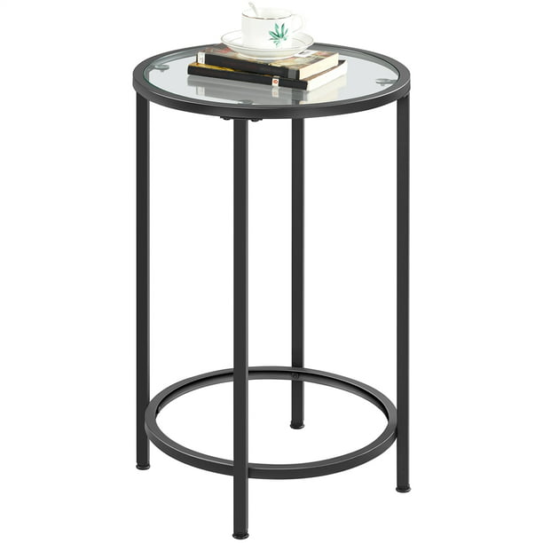 End Table Accent With Metal Frame, Round Black Glass Bedside Table